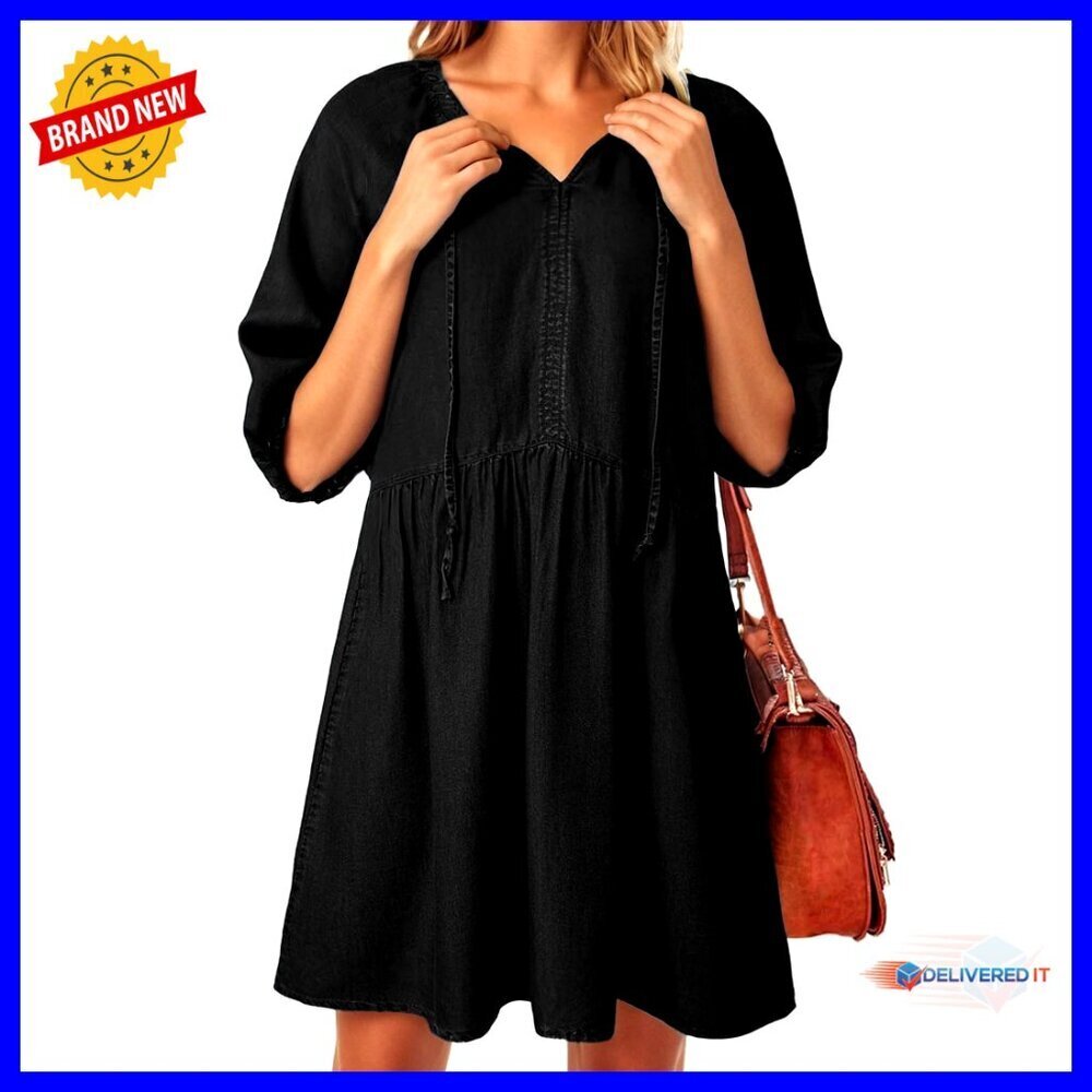 Denim Babydoll Dress Casual Summer Puff Sleeve V Neck Mini Dress Y2K Chic
